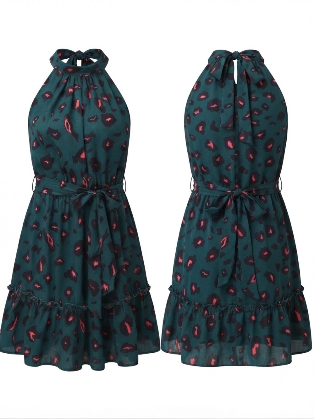 Green & Pink Leopard Print Ruffle Hem Halter Dress - Size Large